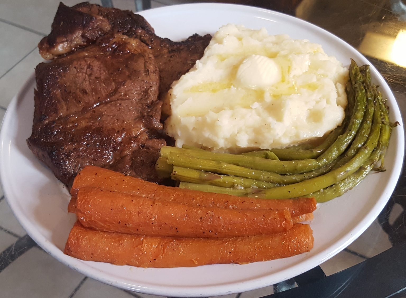 Top Sirloin Steak With Mashed Potatoes Asparagus And Carrots Charliethecookandrews