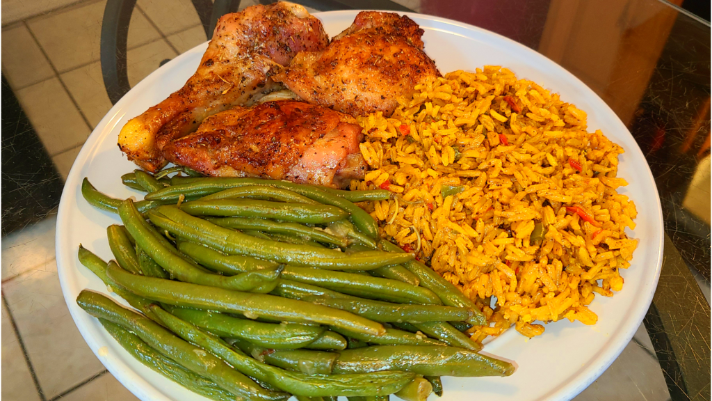 Oven Baked Chicken With Yellow Rice And Green Beans 